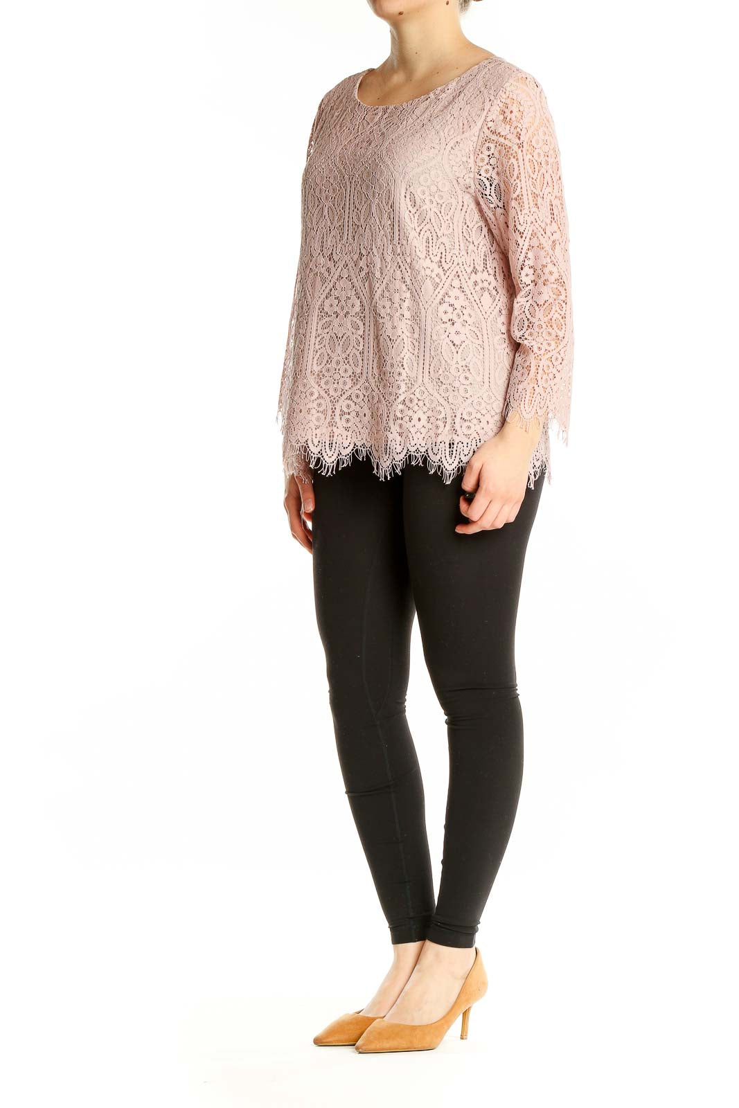 Front view of Ann Taylor LOFT blush pink lace top with long sleeves