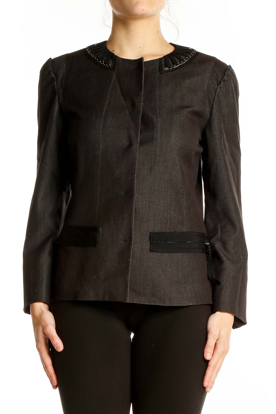 Front view of T Tahari Black Embellished Collar Blazer