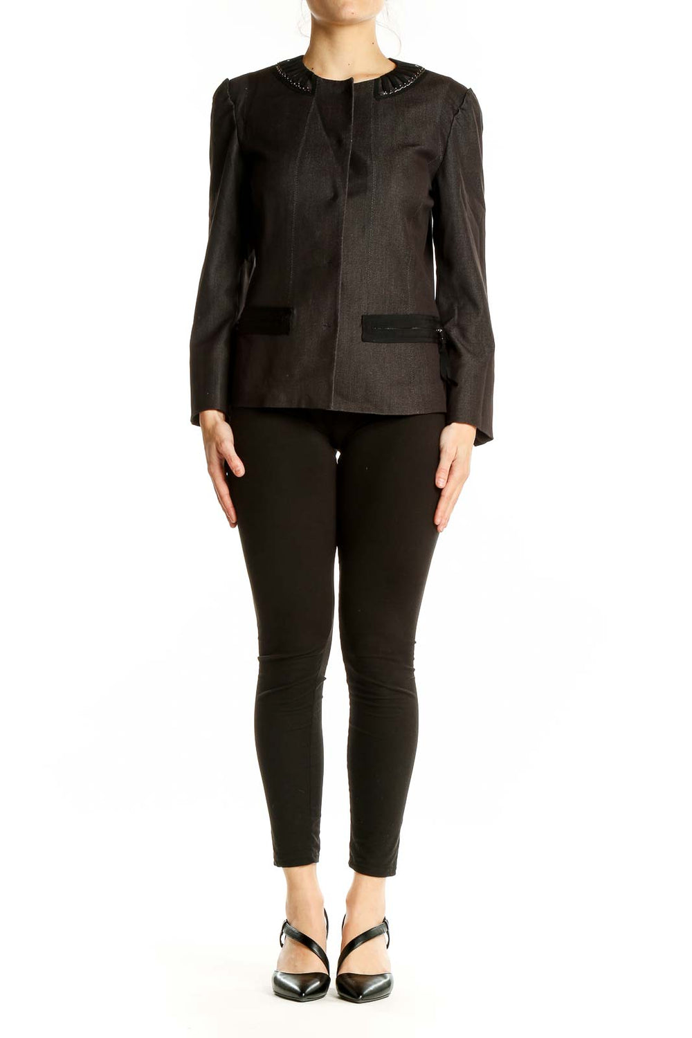 Front view of T Tahari Black Embellished Collar Blazer