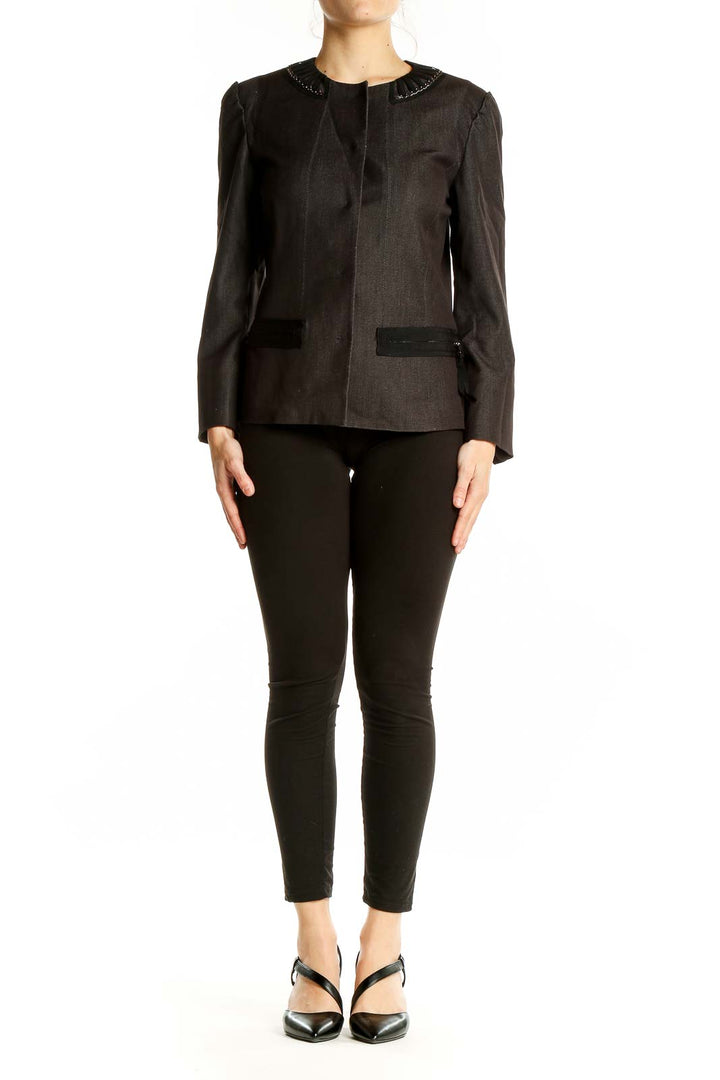 Front view of T Tahari Black Embellished Collar Blazer