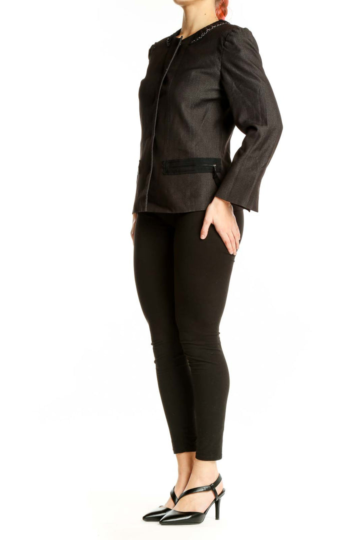 Front view of T Tahari Black Embellished Collar Blazer