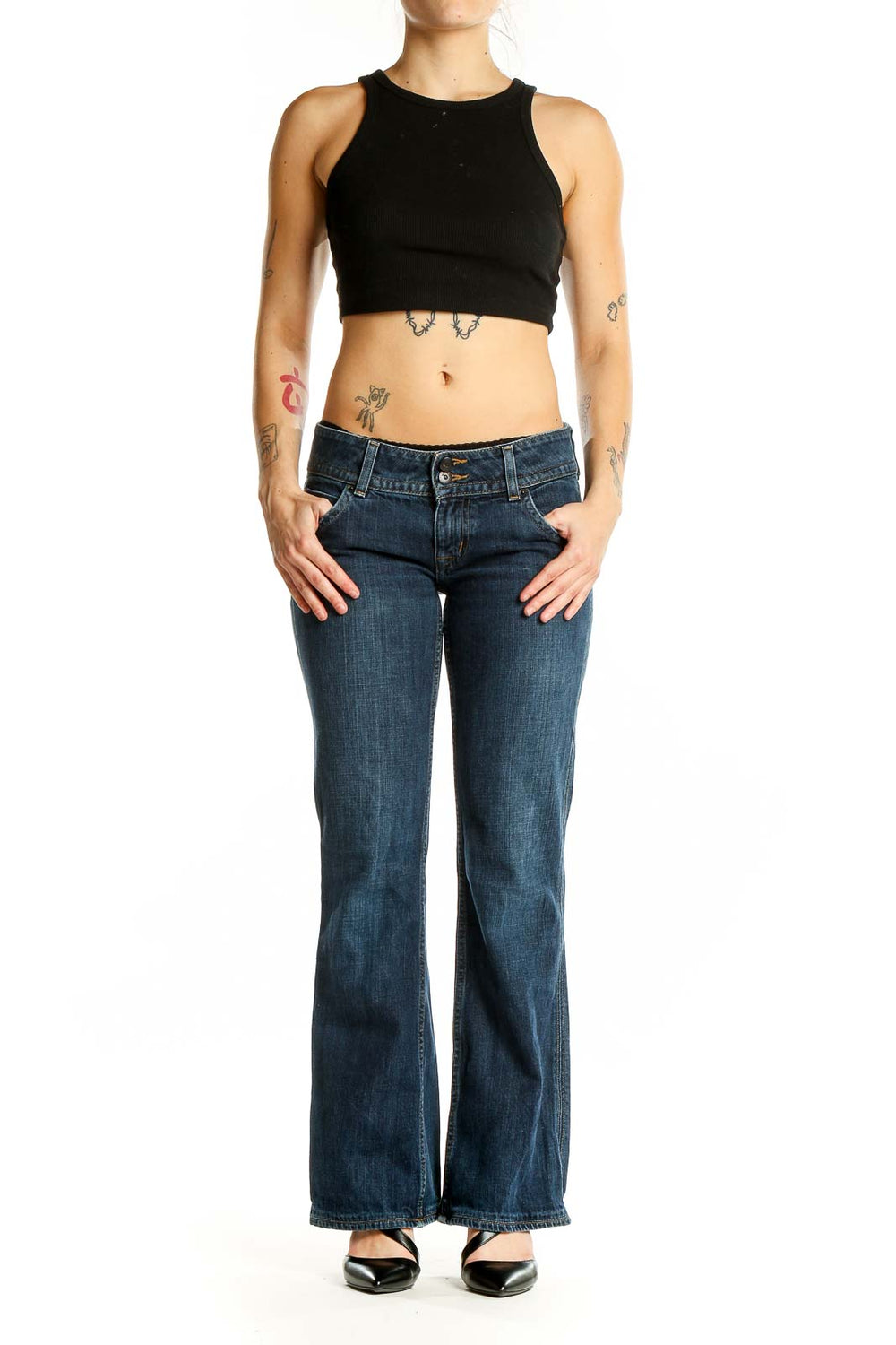 Front view of dark blue flared jeans from Hudson Jeans on a woman