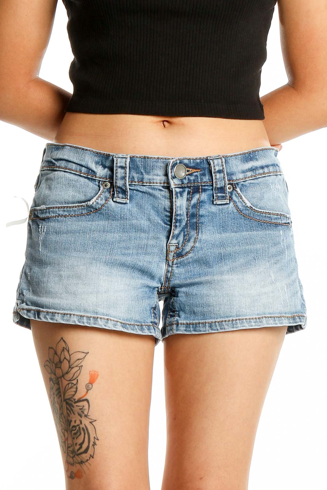 Front view of London Jeans light blue denim shorts on model