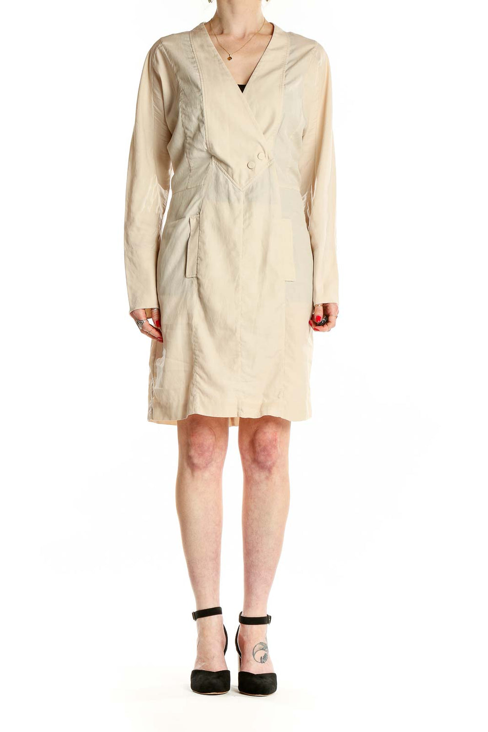 Front view of beige BCBG MaxAzria wrap dress with V-neckline and long sleeves