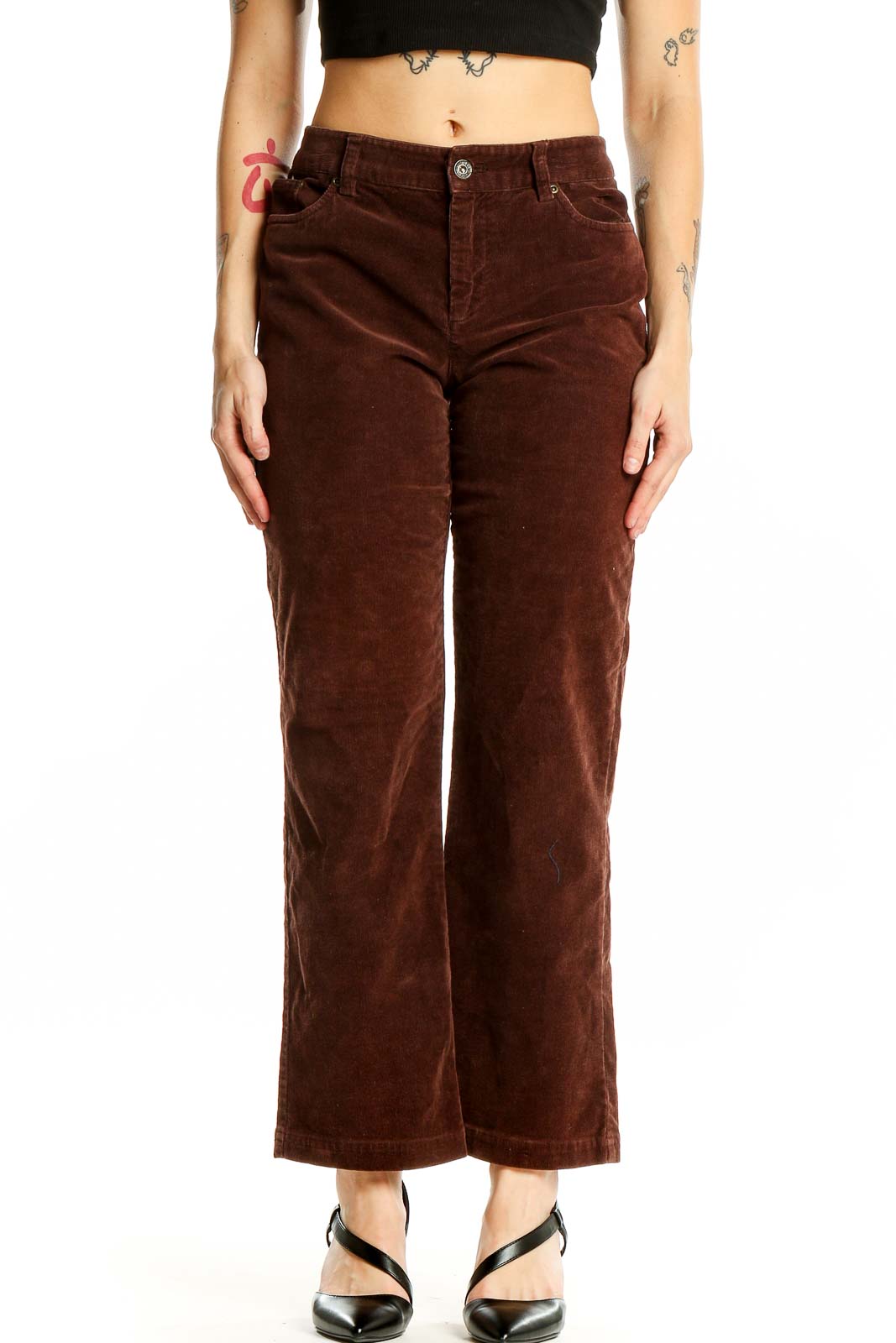 Front view of brown corduroy wide-leg pants from Christopher & Banks