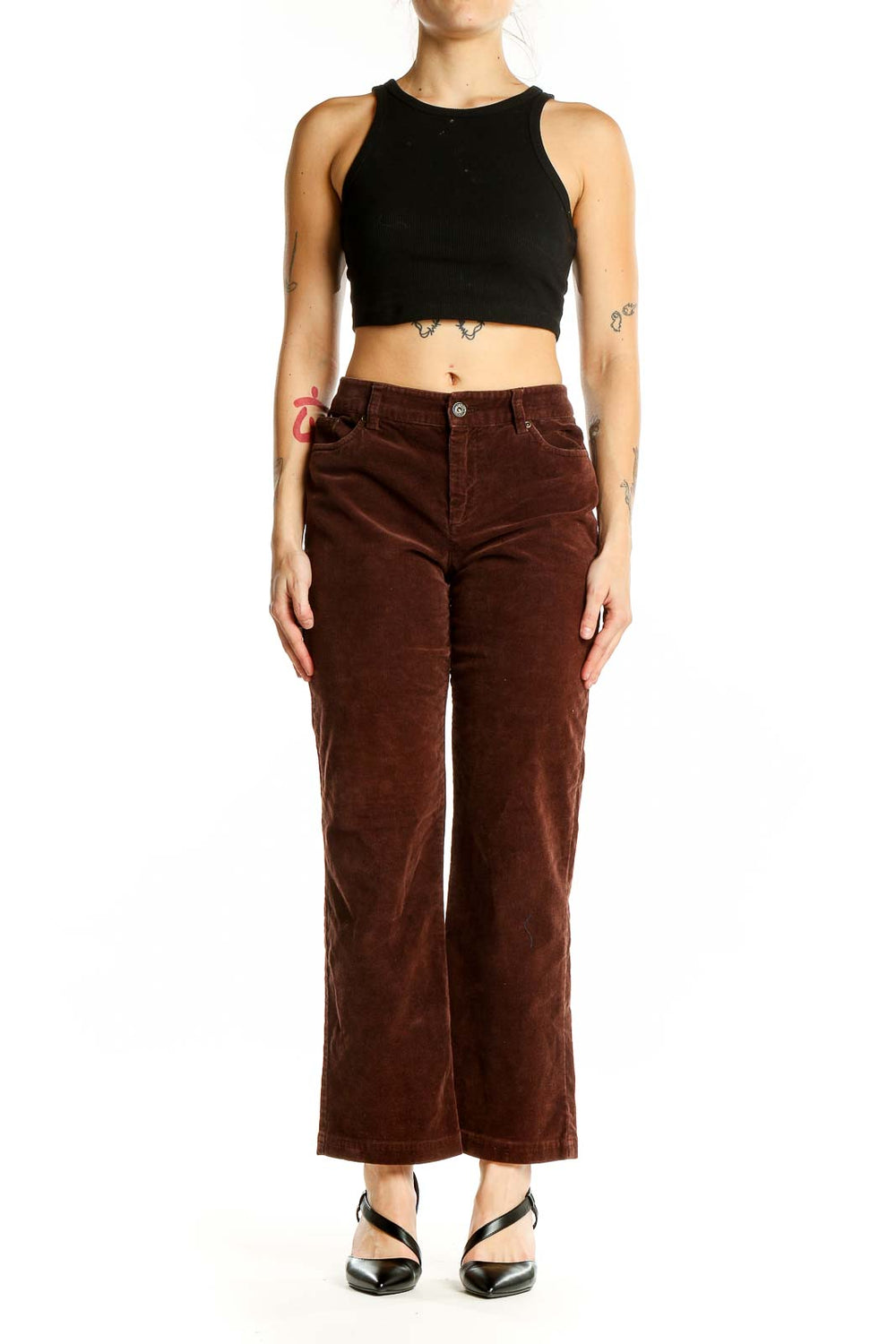 Front view of brown corduroy wide-leg pants from Christopher & Banks