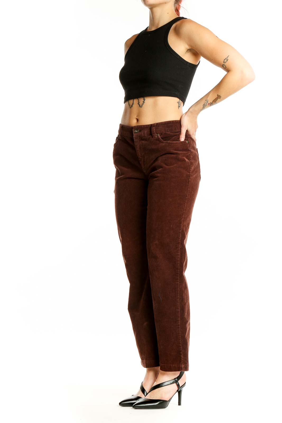 Front view of brown corduroy wide-leg pants from Christopher & Banks