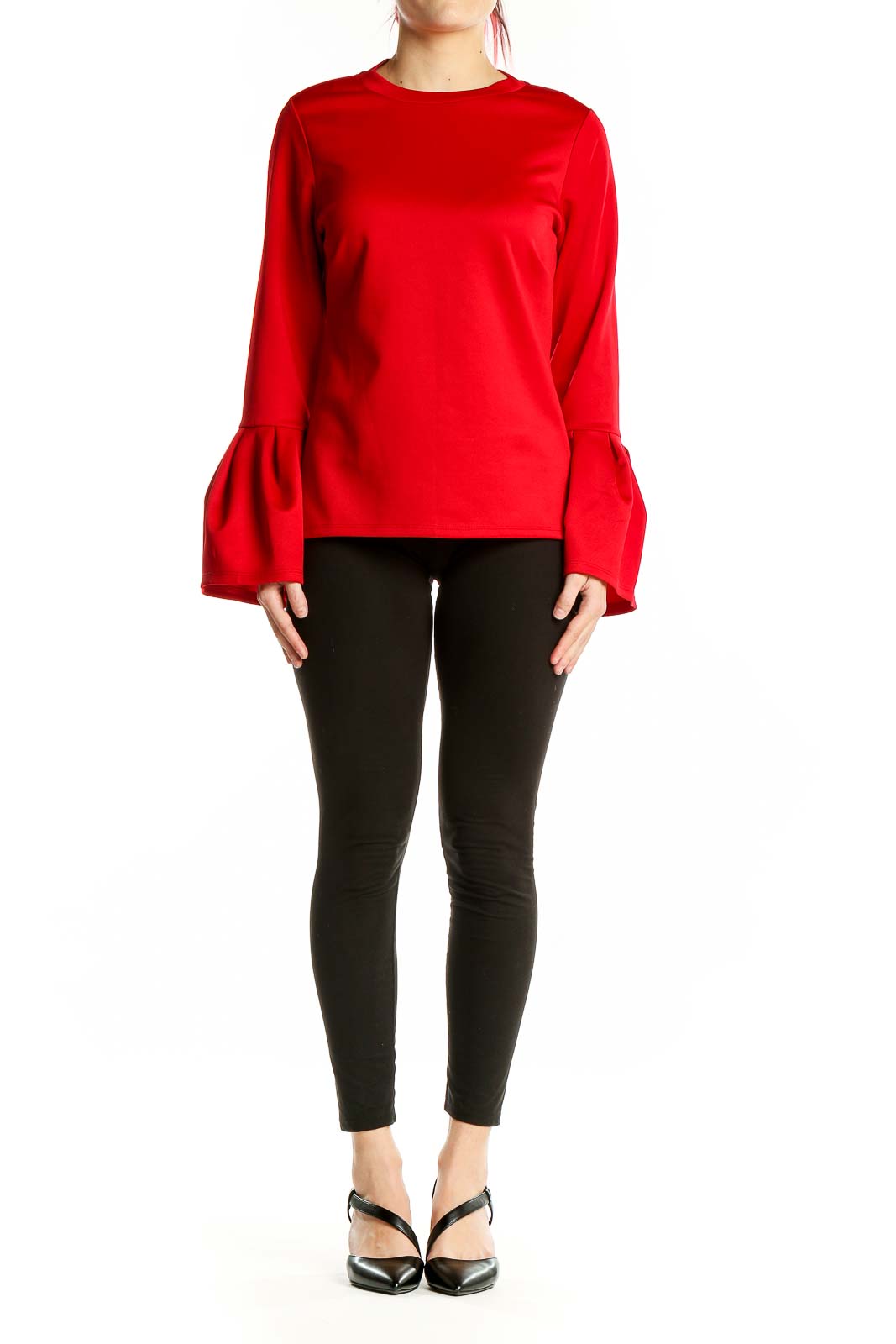 Front view of red Halogen blouse with bell sleeves