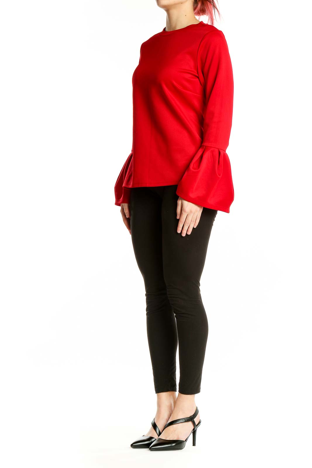 Front view of red Halogen blouse with bell sleeves