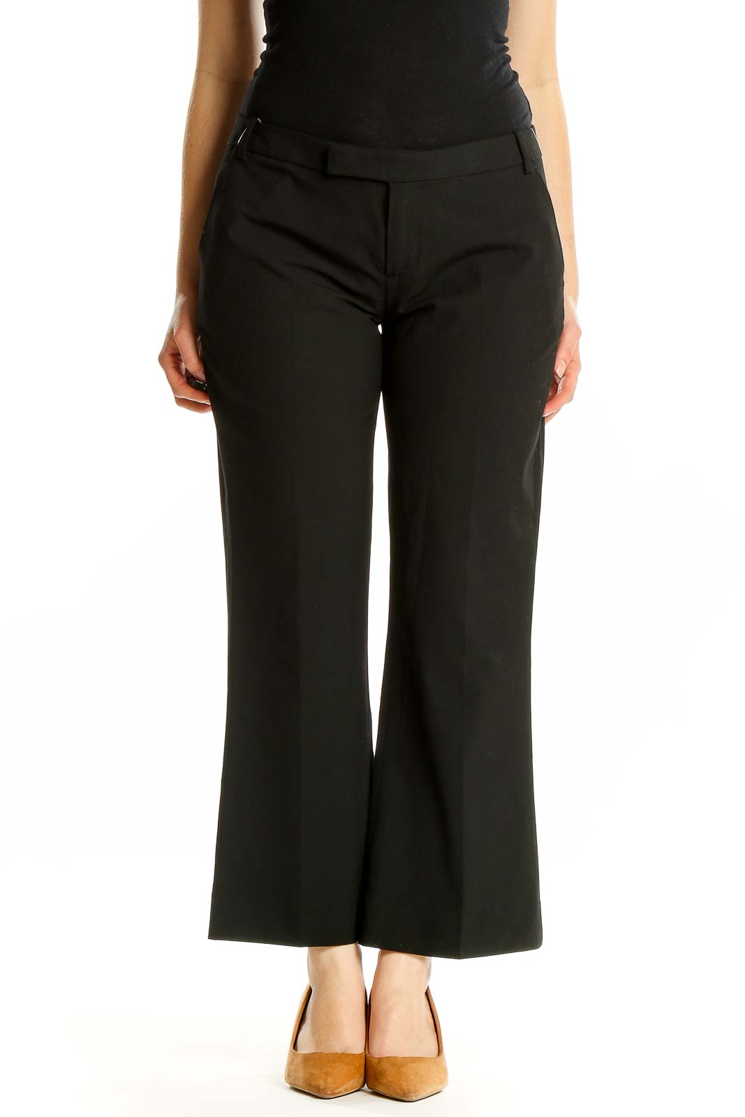 Front view of Gap black wide-leg dress pants on model