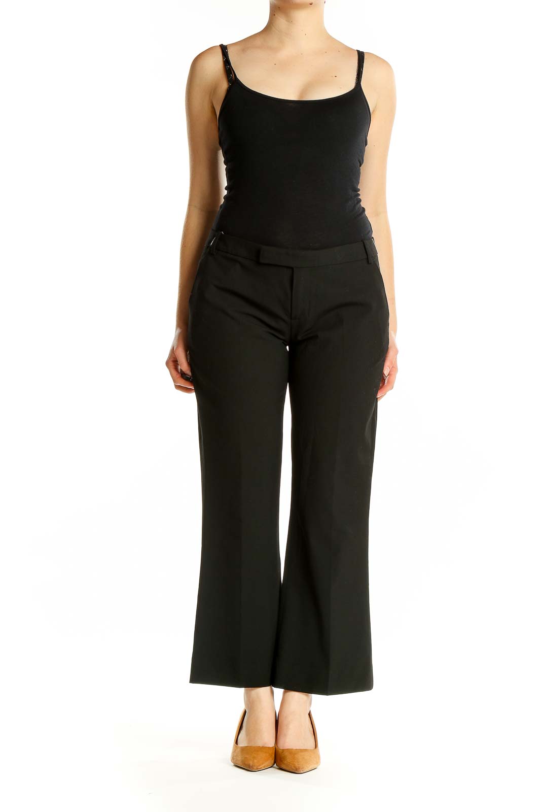 Front view of Gap black wide-leg dress pants on model