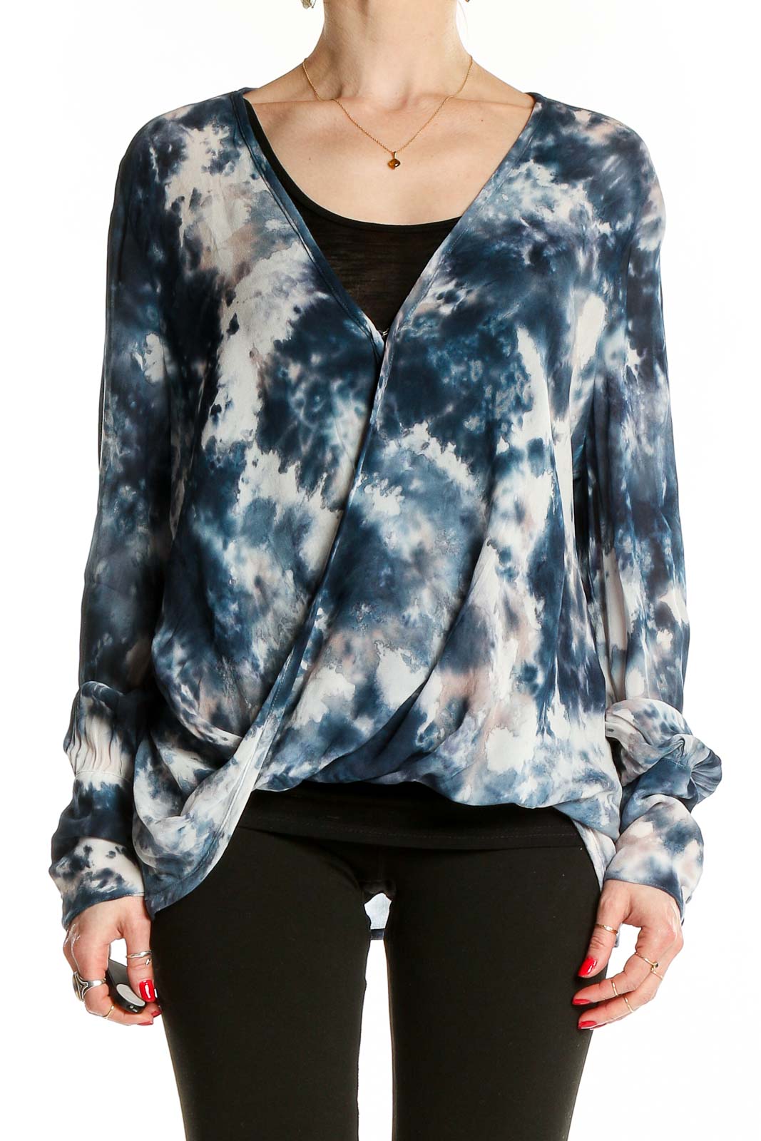 Front view of Young Fabulous & Broke blue tie-dye wrap blouse