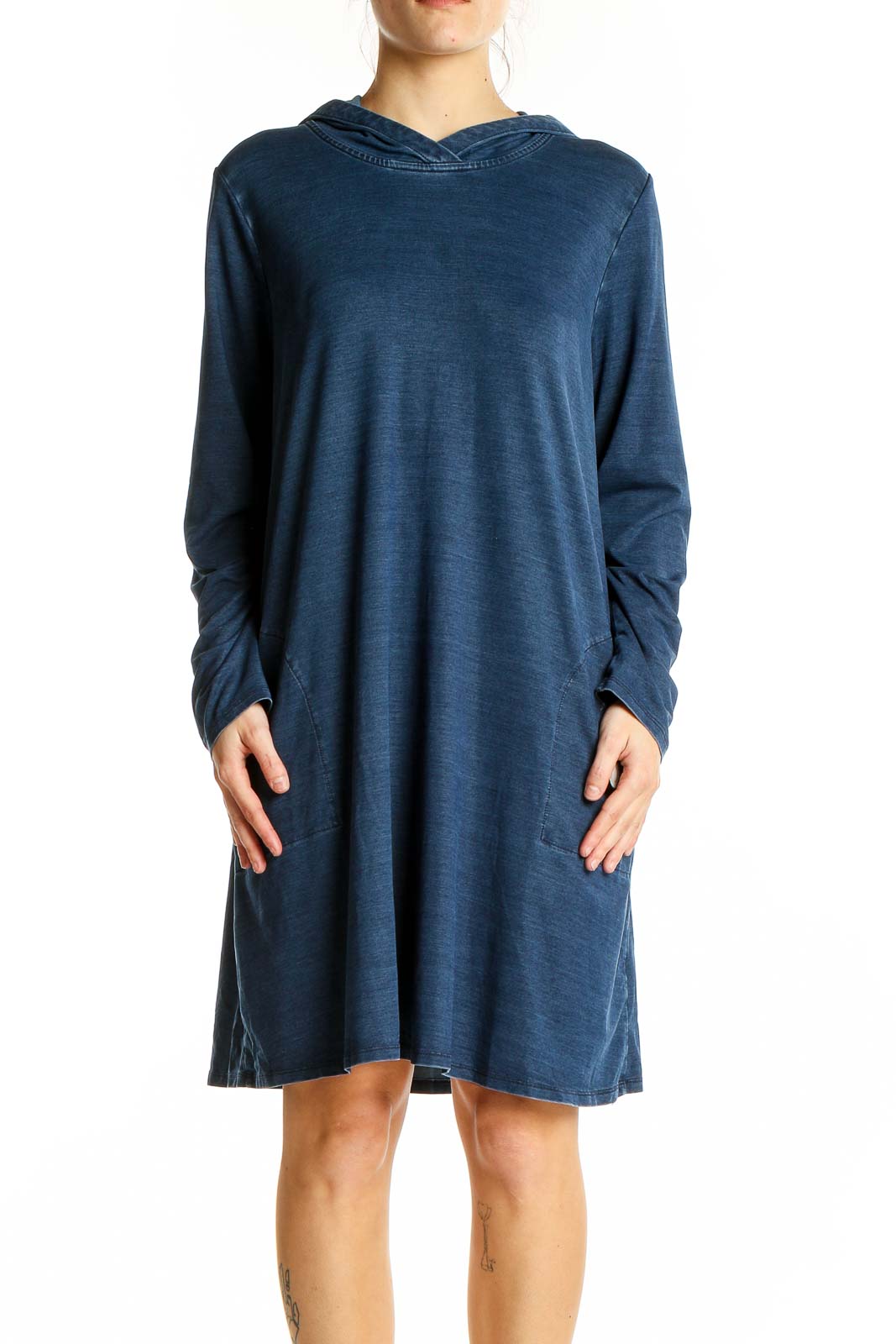 Front view of navy hooded dress from Pure Jill with long sleeves