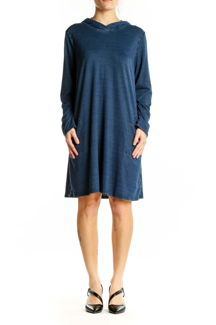 Front view of navy hooded dress from Pure Jill with long sleeves