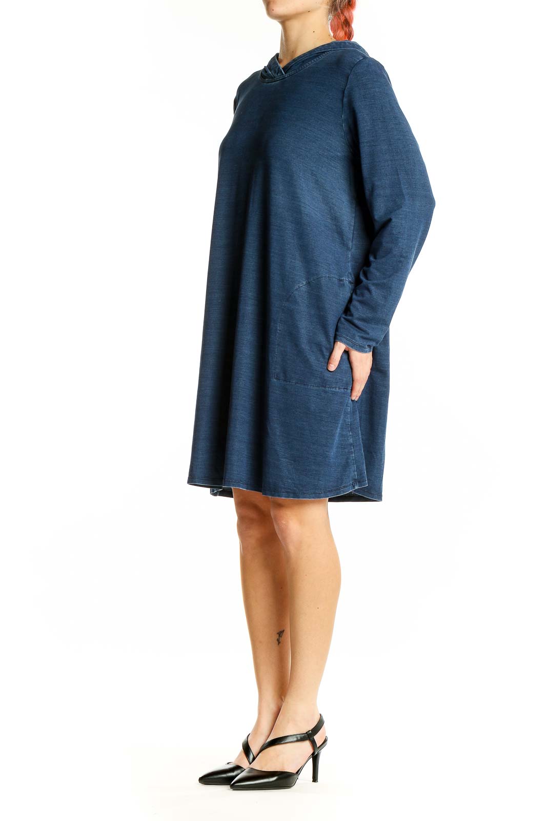 Front view of navy hooded dress from Pure Jill with long sleeves