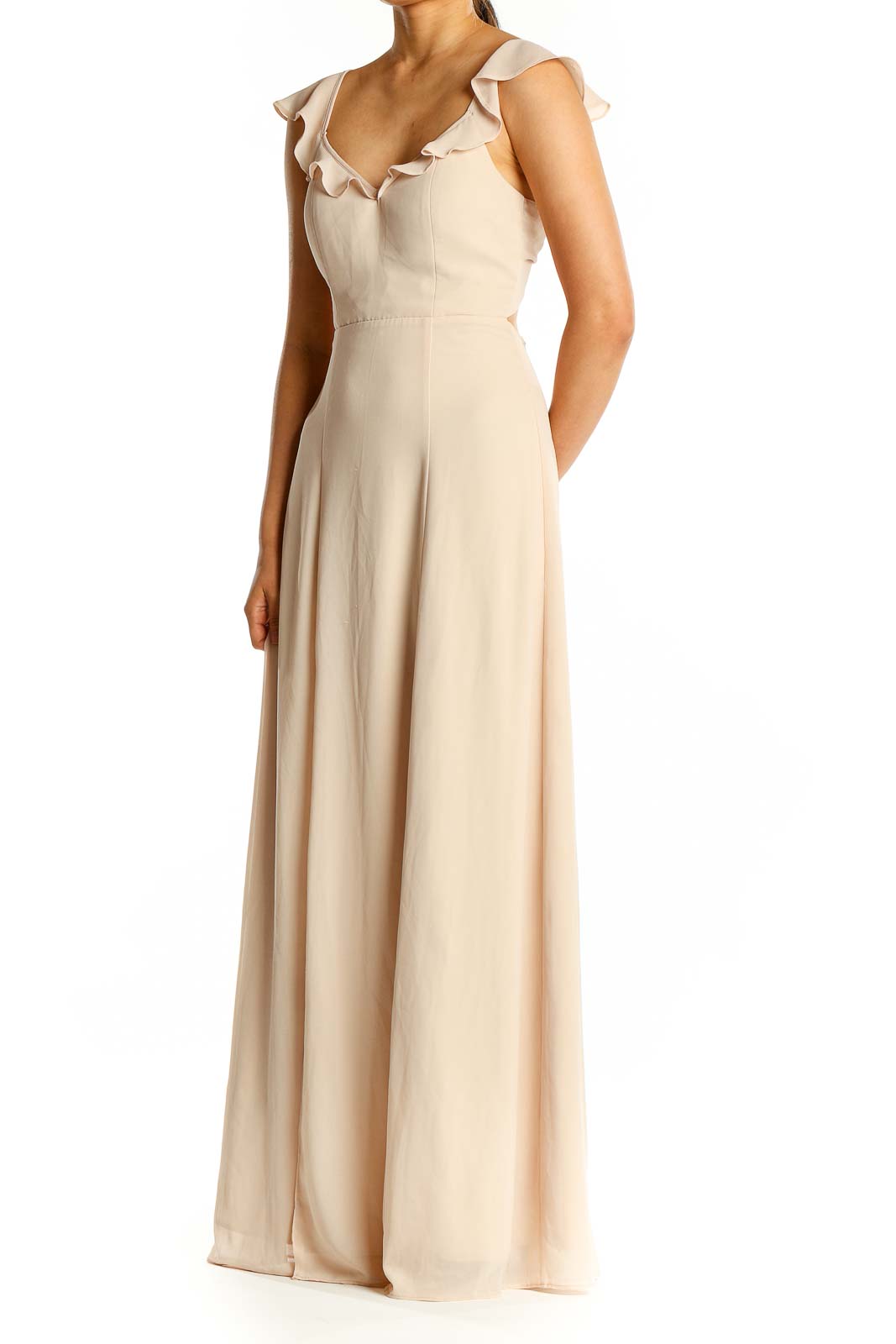 Front view of beige BHLDN Anthropologie maxi dress with ruffled cap sleeves and sweetheart neckline