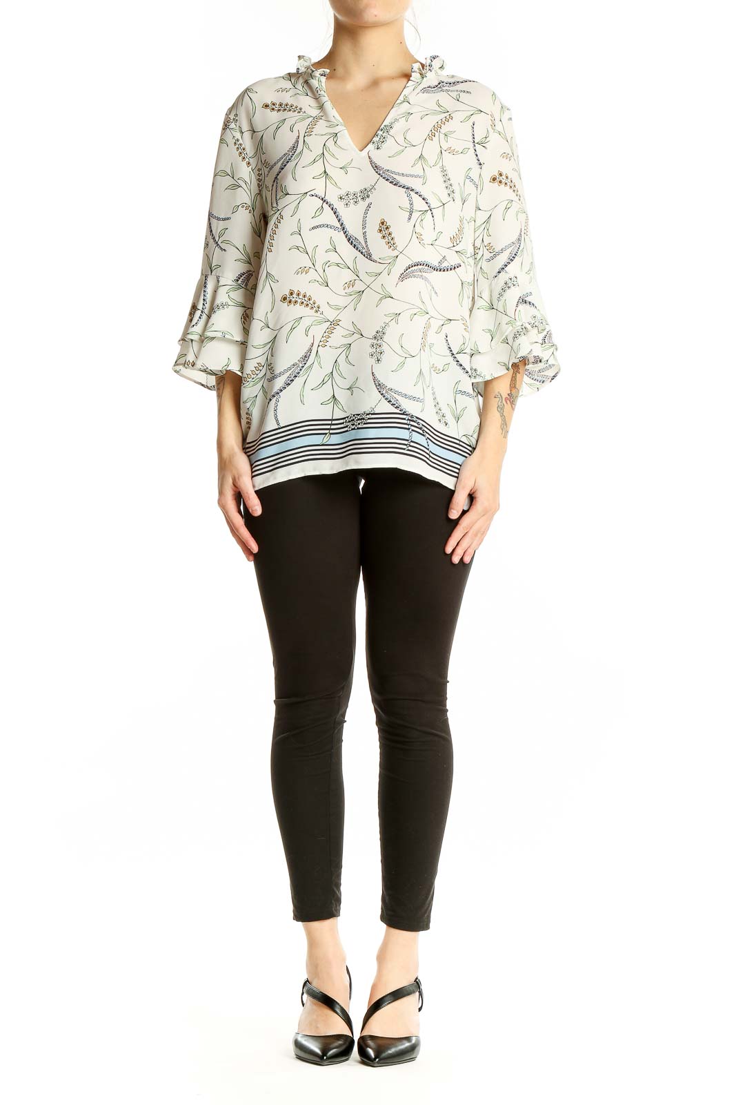 Front view of white floral print blouse with ruffle-neck and bell sleeves