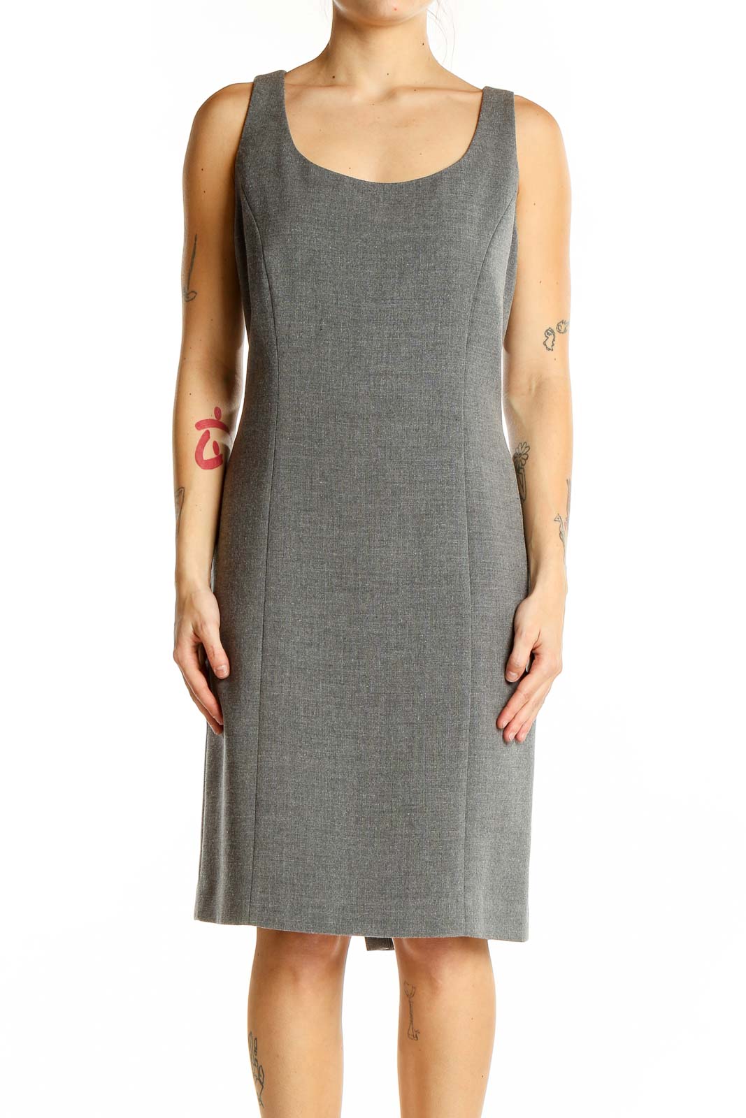 Front view of Tahari Arthur S. Levine gray sleeveless sheath dress