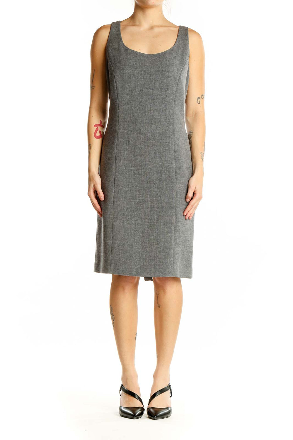 Front view of Tahari Arthur S. Levine gray sleeveless sheath dress