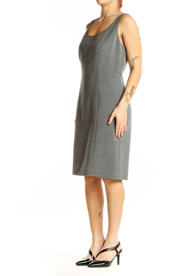 Front view of Tahari Arthur S. Levine gray sleeveless sheath dress