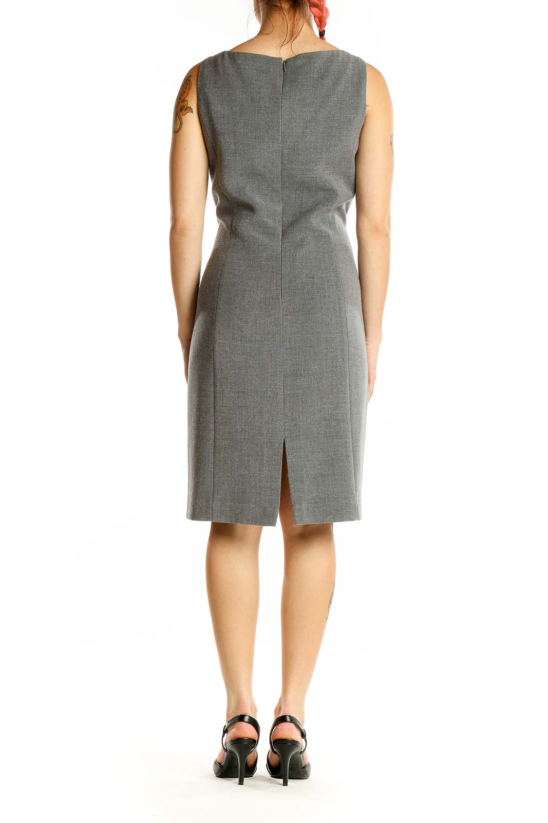 Back view of Tahari Arthur S. Levine gray sleeveless sheath dress with center slit