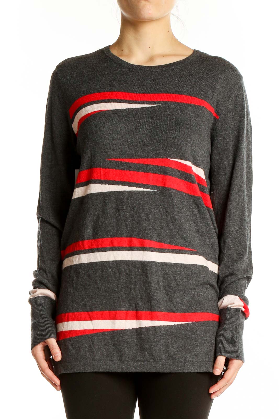 Front view of charcoal Halogen sweater with red and cream stripes