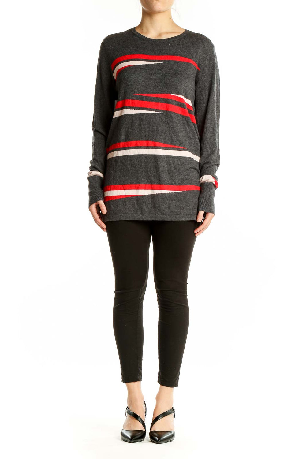 Front view of charcoal Halogen sweater with red and cream stripes