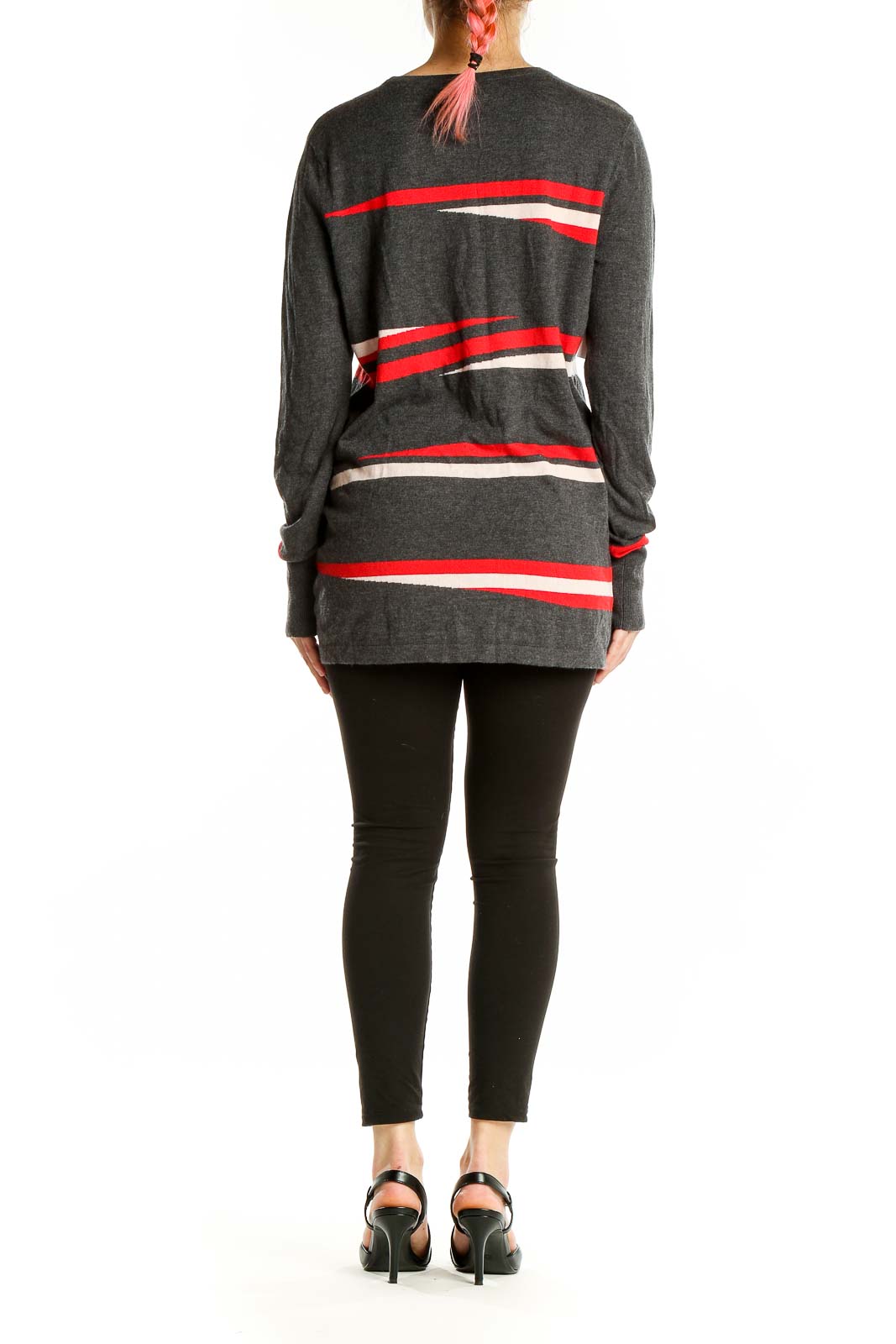 Back view of charcoal Halogen sweater showing striped pattern