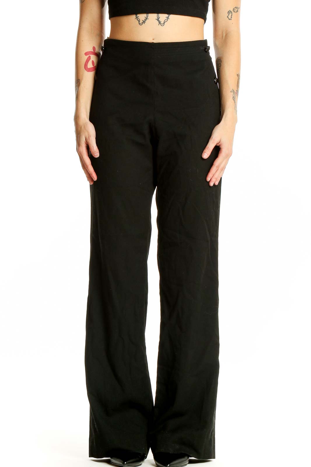 Front view of Banana Republic black wide-leg dress pants on model