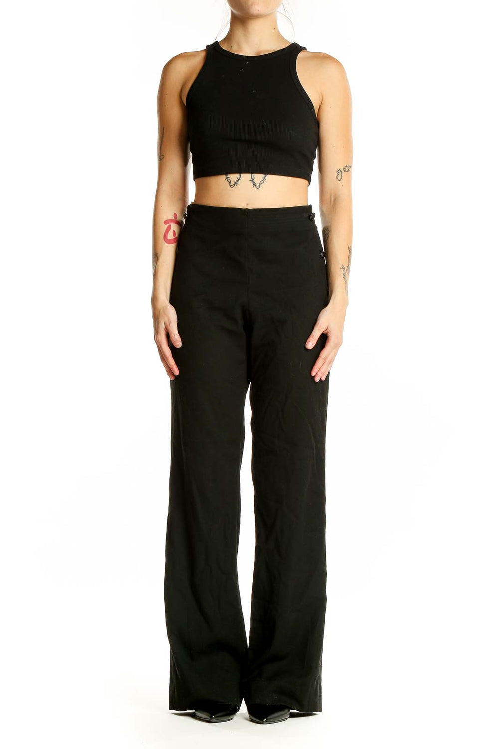 Front view of Banana Republic black wide-leg dress pants on model