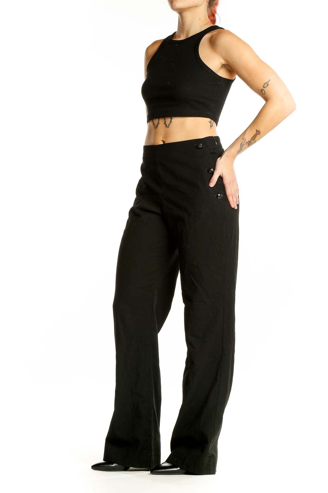 Front view of Banana Republic black wide-leg dress pants on model