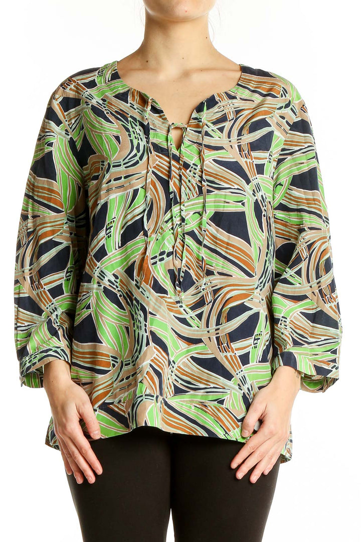 Front view of Talbots green abstract print blouse with keyhole neckline