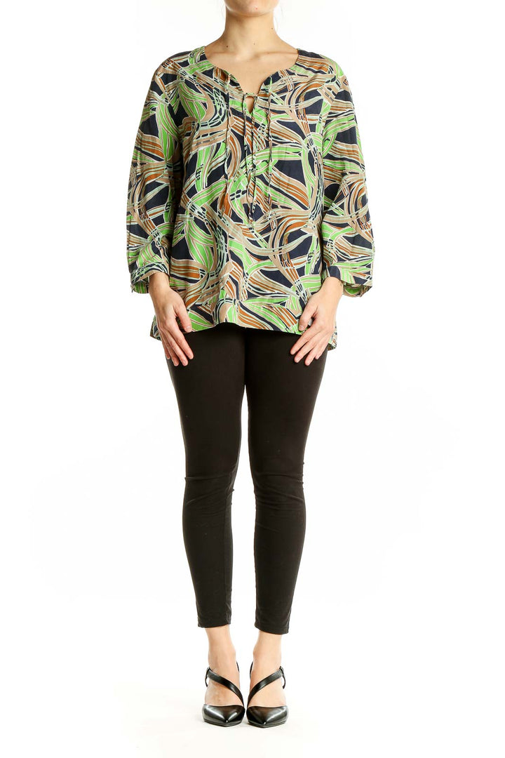 Front view of Talbots green abstract print blouse with keyhole neckline