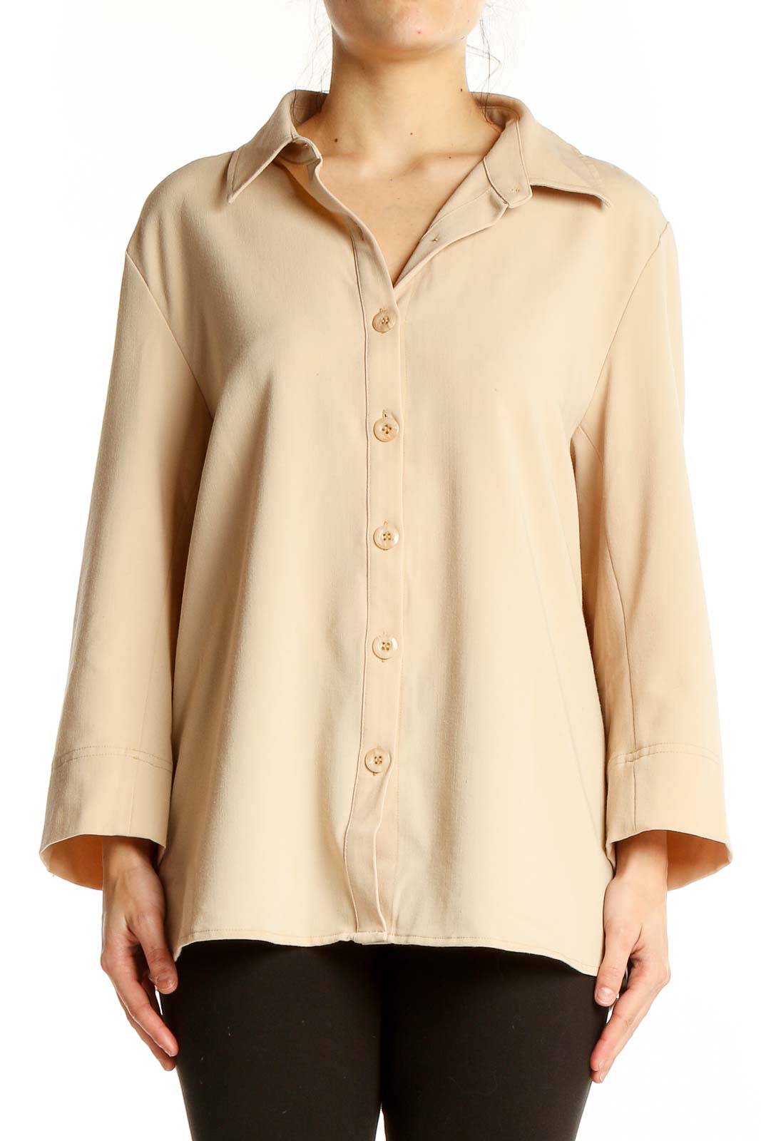 Front view of Peace of Cloth beige oversized button-down blouse