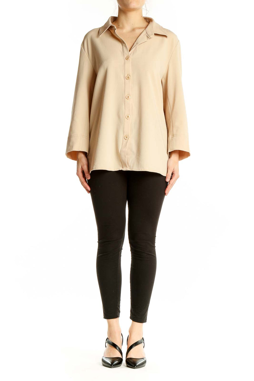 Front view of Peace of Cloth beige oversized button-down blouse