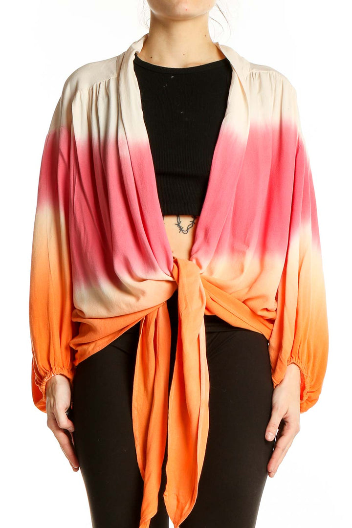 Front view of Young Fabulous & Broke ombre rayon tie-front top in cream, coral, and orange