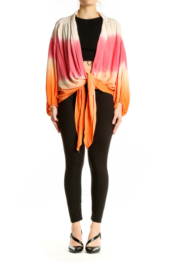 Front view of Young Fabulous & Broke ombre rayon tie-front top in cream, coral, and orange