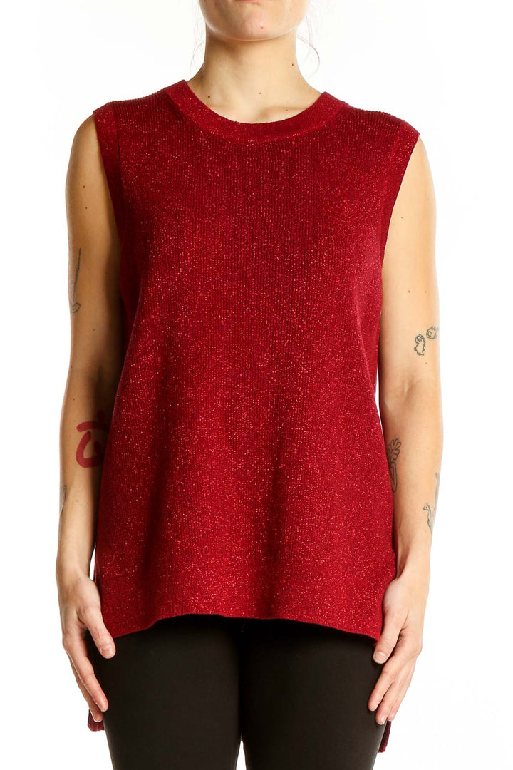 Front view of MICHAEL Michael Kors red metallic sleeveless knit top