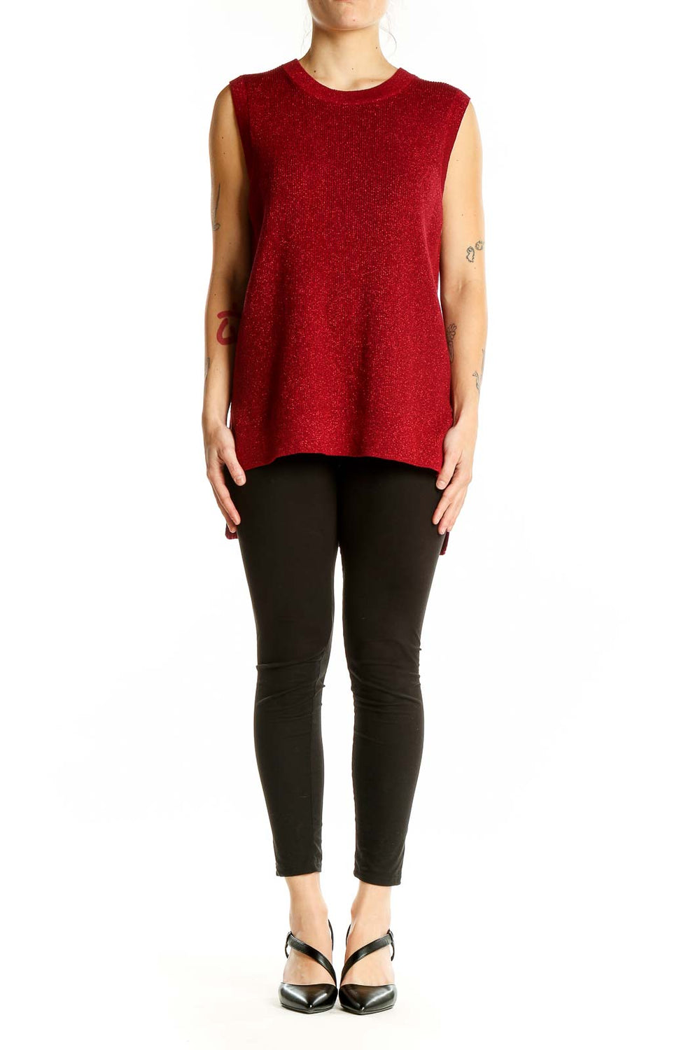 Front view of MICHAEL Michael Kors red metallic sleeveless knit top