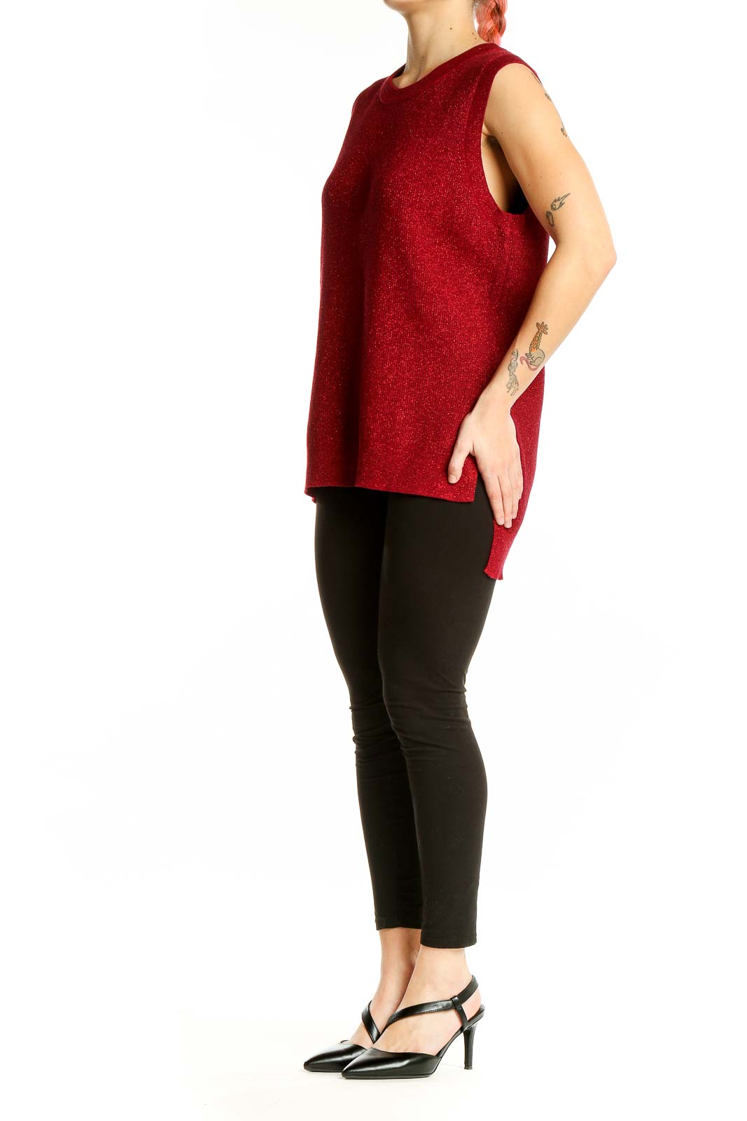 Front view of MICHAEL Michael Kors red metallic sleeveless knit top