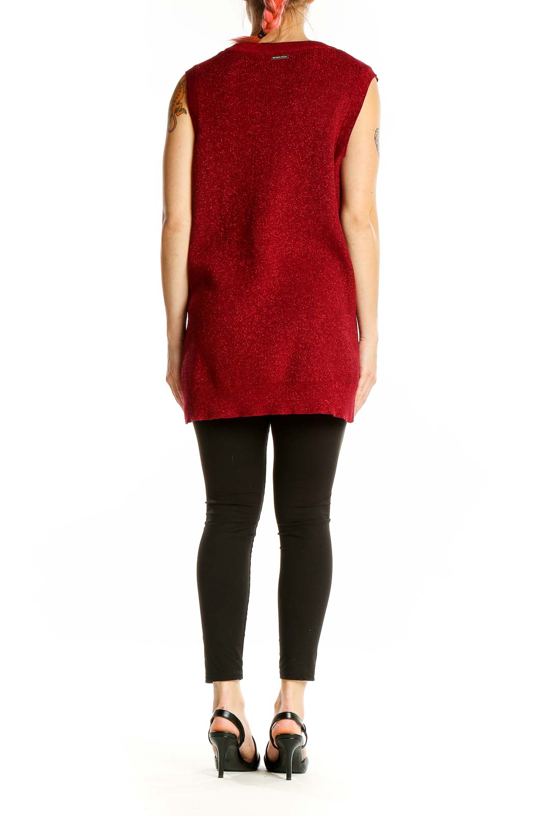 Back view of MICHAEL Michael Kors red metallic sleeveless knit top