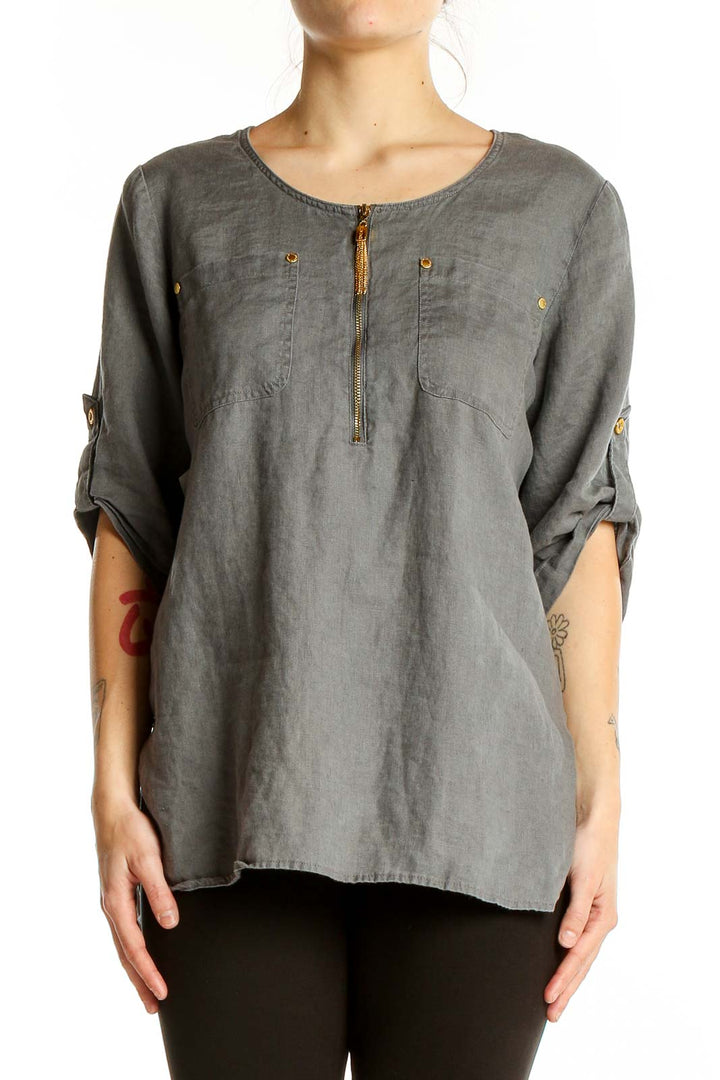 Front view of Ellen Tracy gray linen tunic top with zip closure