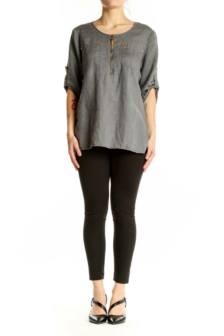 Front view of Ellen Tracy gray linen tunic top with zip closure