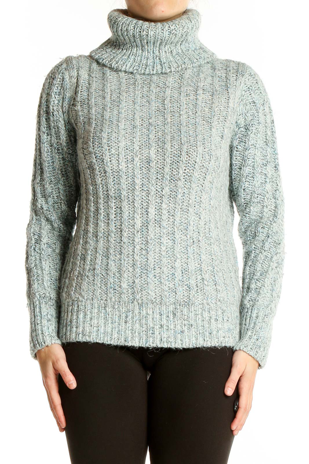 Front view of Banana Republic mint green chunky knit turtleneck sweater