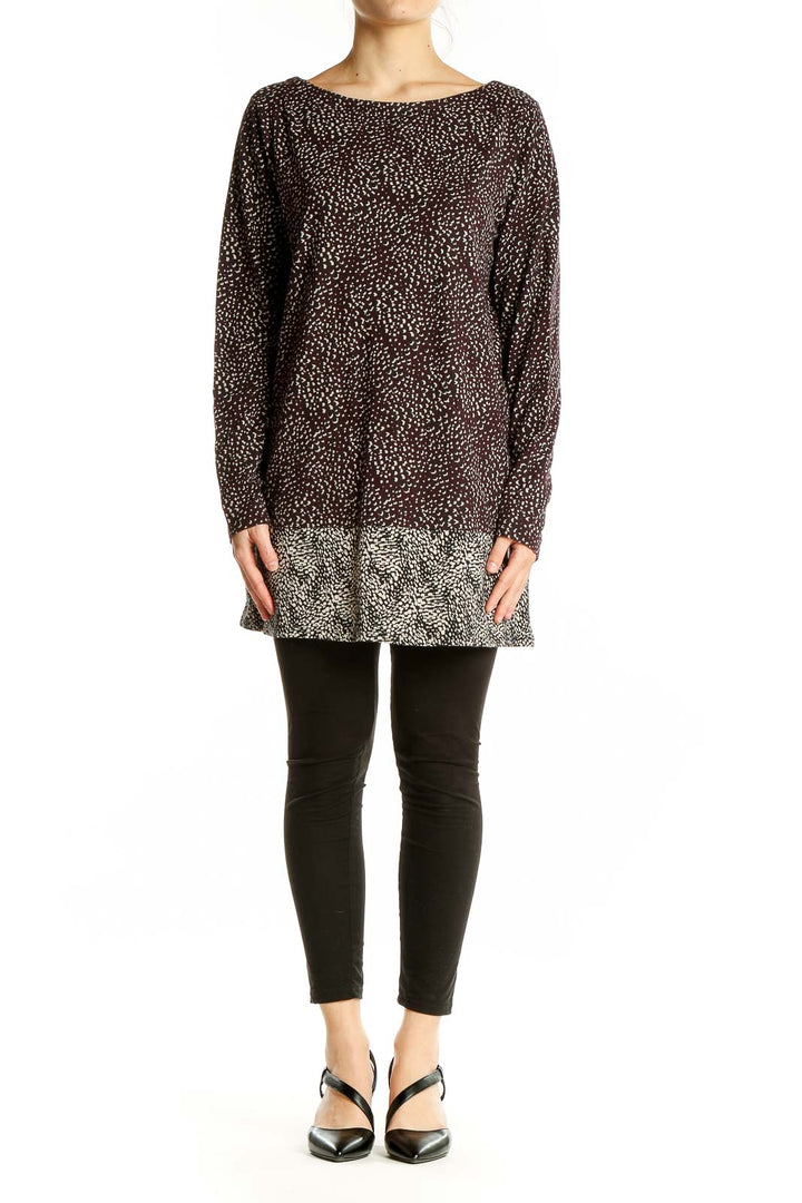 Front view of J.Jill brown speckled long sleeve tunic top with ombré pattern