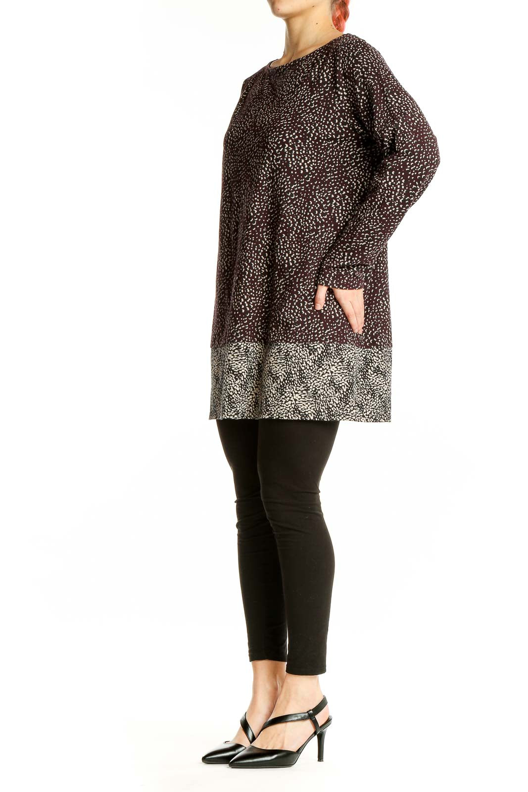 Front view of J.Jill brown speckled long sleeve tunic top with ombré pattern