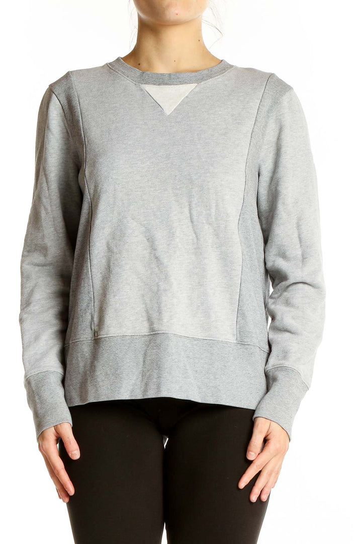 Front view of J.Crew gray cotton crewneck sweatshirt on model