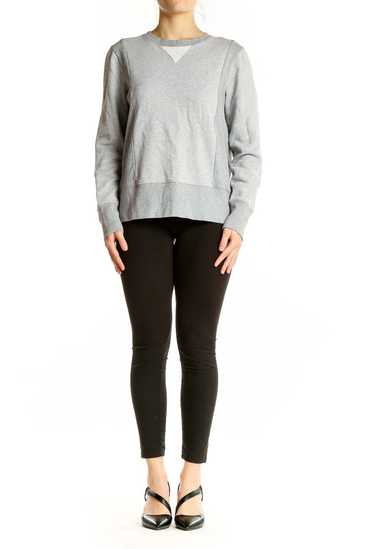 Front view of J.Crew gray cotton crewneck sweatshirt on model