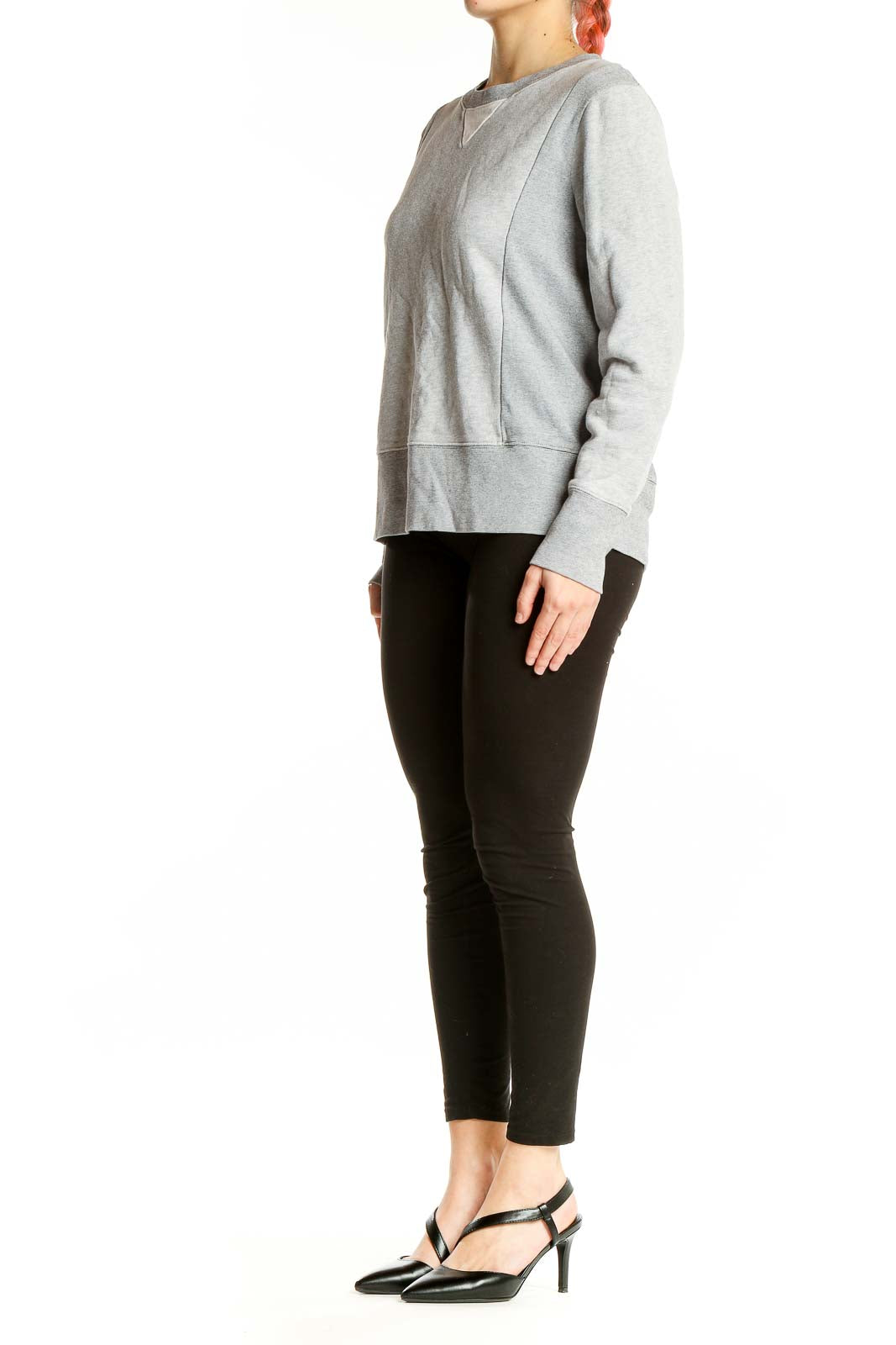 Front view of J.Crew gray cotton crewneck sweatshirt on model