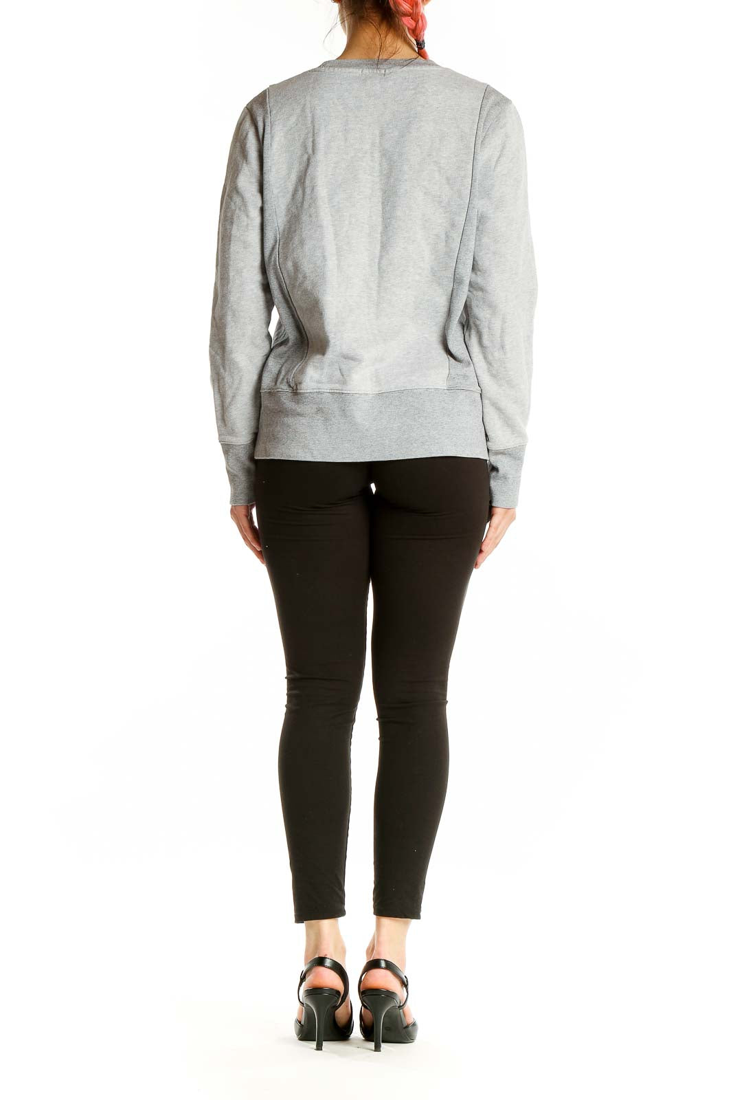 Back view of J.Crew gray cotton crewneck sweatshirt on model